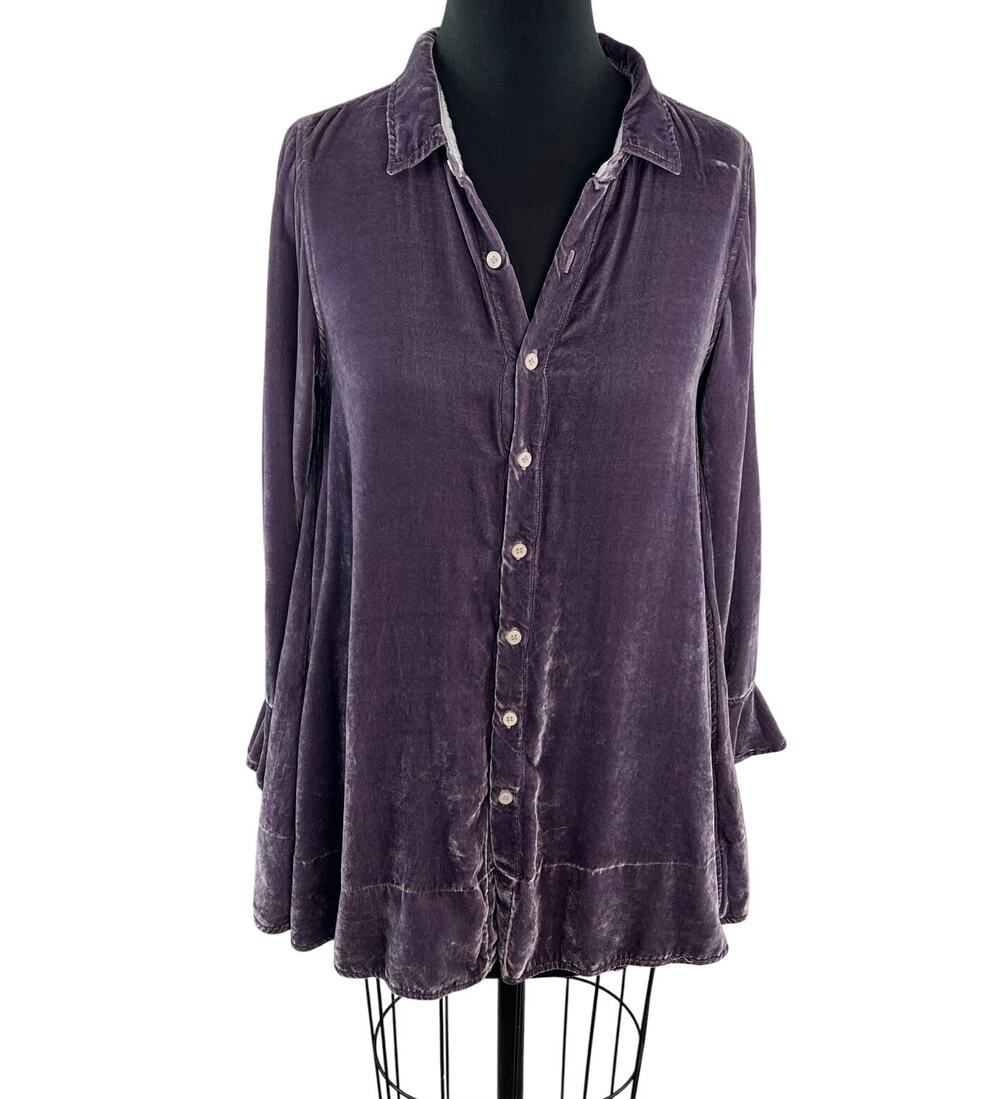 Free People CP Shades Purple Velvet Top Ruffle Collar Button-Up Size XS X-Small